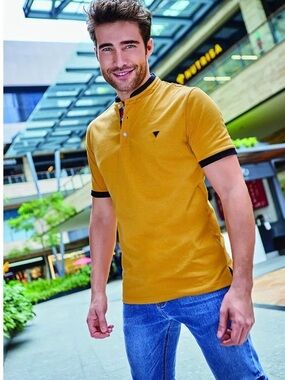 Fried Denim Mens cotton blend Short Sleeve Polo Shirt in mustard size small